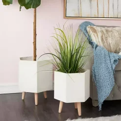 Kirklands Home Planters|Clay and Wood Hexagon Planters, Set of 2 White