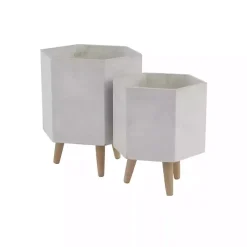 Kirklands Home Planters|Clay and Wood Hexagon Planters, Set of 2 White