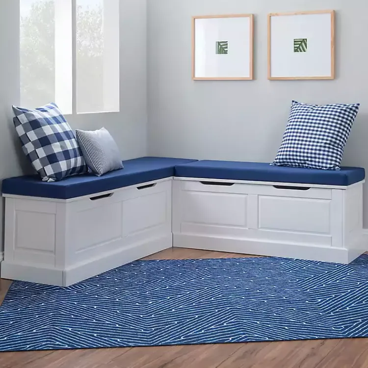 Kirklands Home Benches & Ottomans|White Corner Bench with Blue Cushions