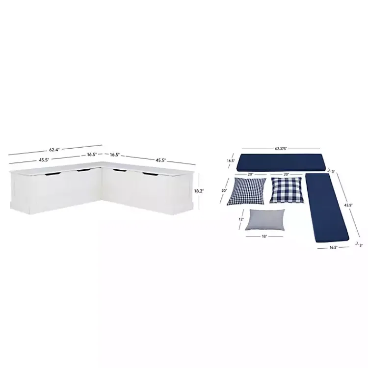 Kirklands Home Benches & Ottomans|White Corner Bench with Blue Cushions