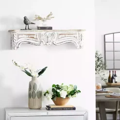 Kirklands Home Shelves|White Distressed Carved Wood Acanthus Wall Shelf