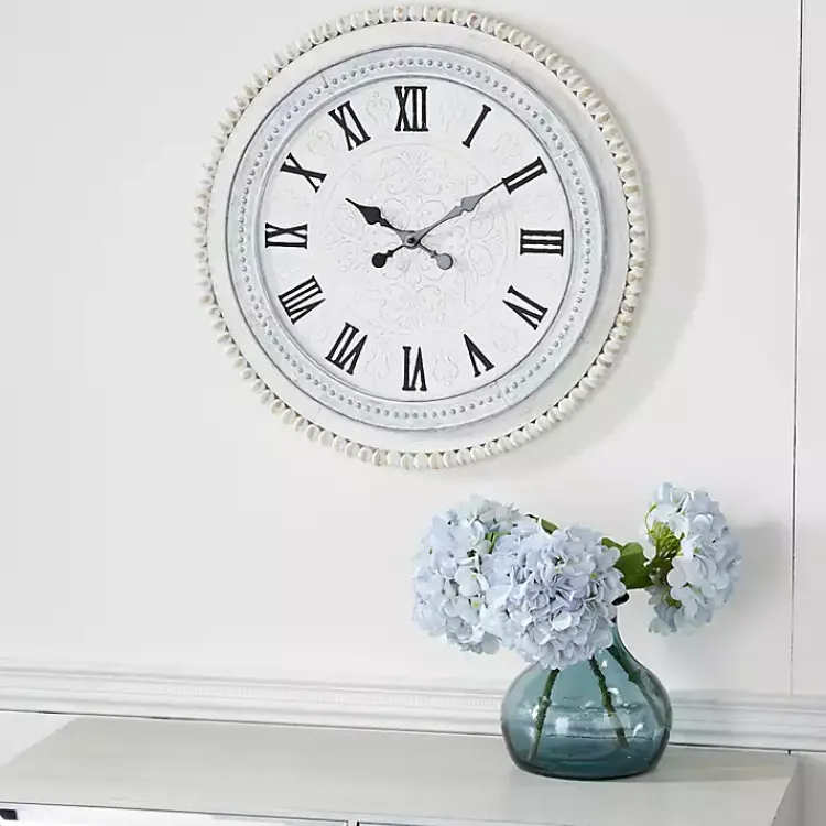 Kirklands Home Clocks|White Distressed Wood Round Beaded Wall Clock