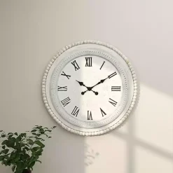 Kirklands Home Clocks|White Distressed Wood Round Beaded Wall Clock