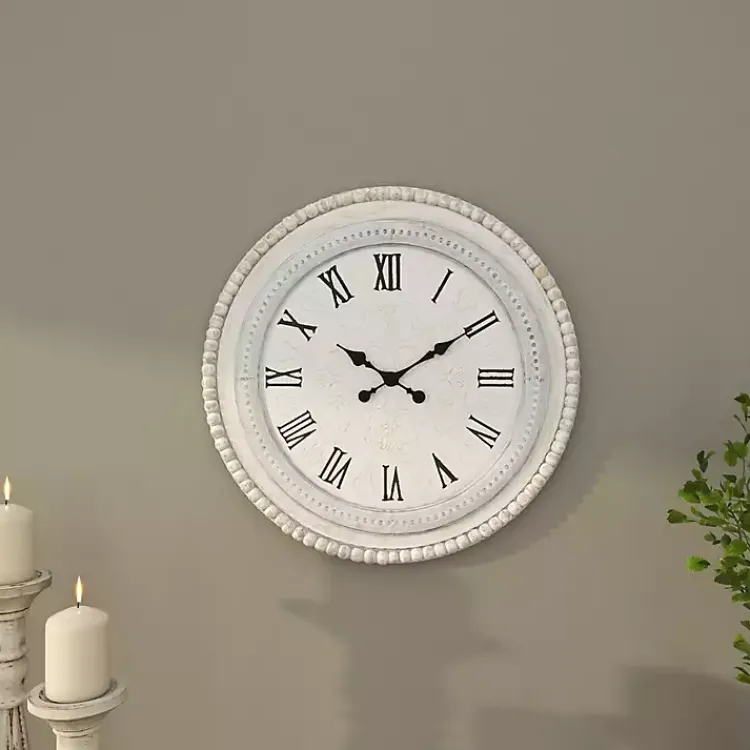 Kirklands Home Clocks|White Distressed Wood Round Beaded Wall Clock