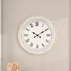 Kirklands Home Clocks|White Distressed Wood Round Beaded Wall Clock