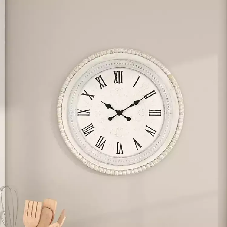 Kirklands Home Clocks|White Distressed Wood Round Beaded Wall Clock