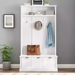 Kirklands Home Entryway Furniture|White Ellison Hall Tree with Storage Bench