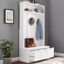 Kirklands Home Entryway Furniture|White Ellison Hall Tree with Storage Bench