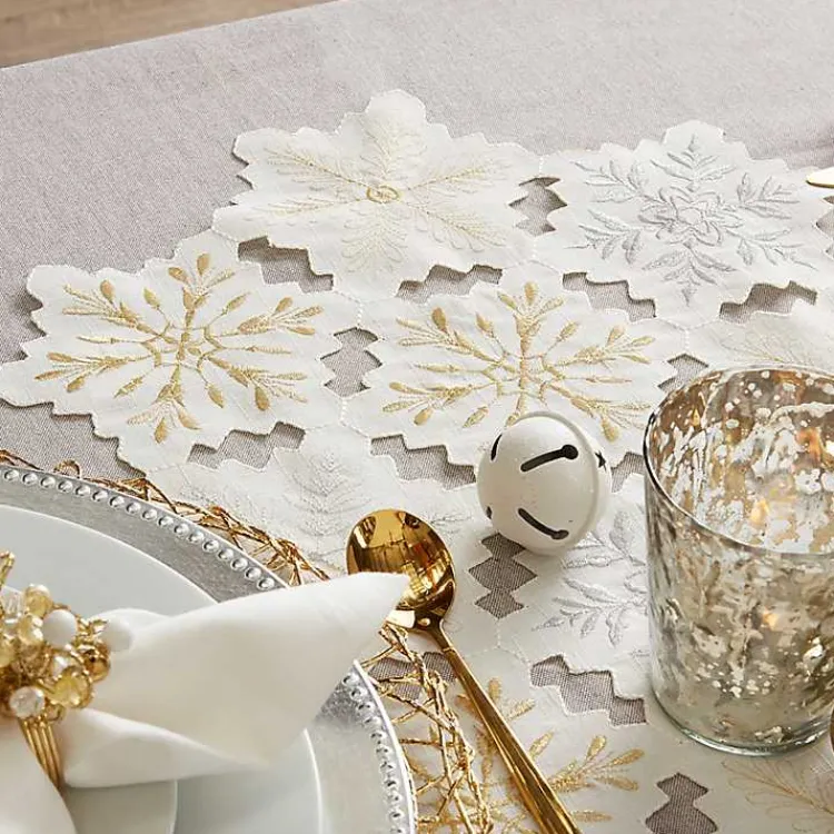 Kirklands Home Table Linens|White Embroidered Snowflakes Table Runner