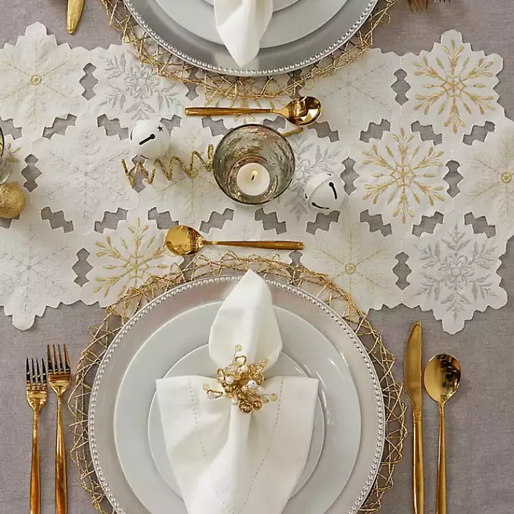Kirklands Home Table Linens|White Embroidered Snowflakes Table Runner