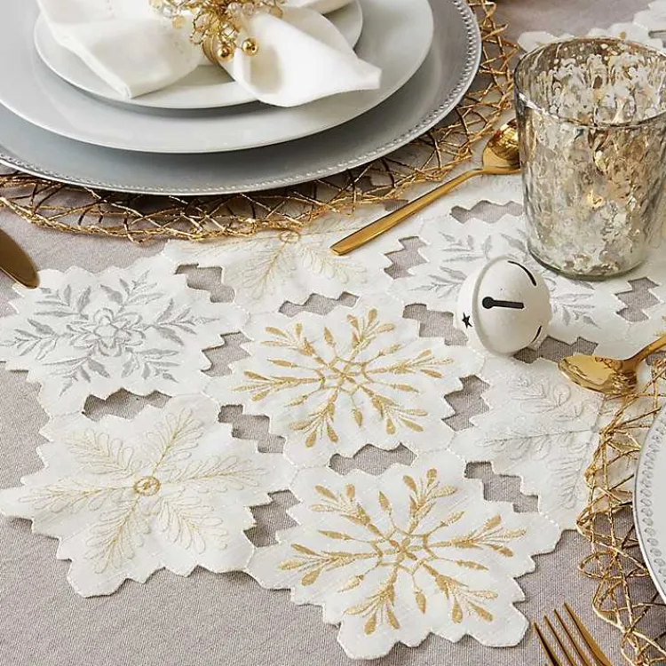 Kirklands Home Table Linens|White Embroidered Snowflakes Table Runner