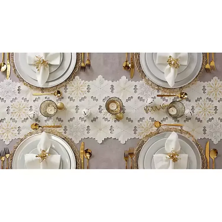 Kirklands Home Table Linens|White Embroidered Snowflakes Table Runner