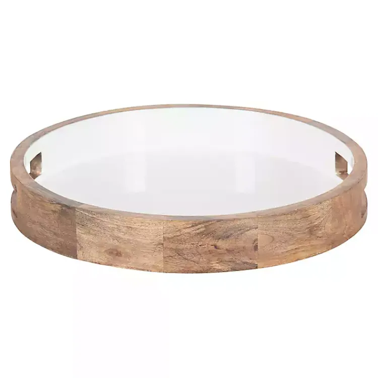 Outlet White Enameled Round Mango Wood Tray Decorative Trays