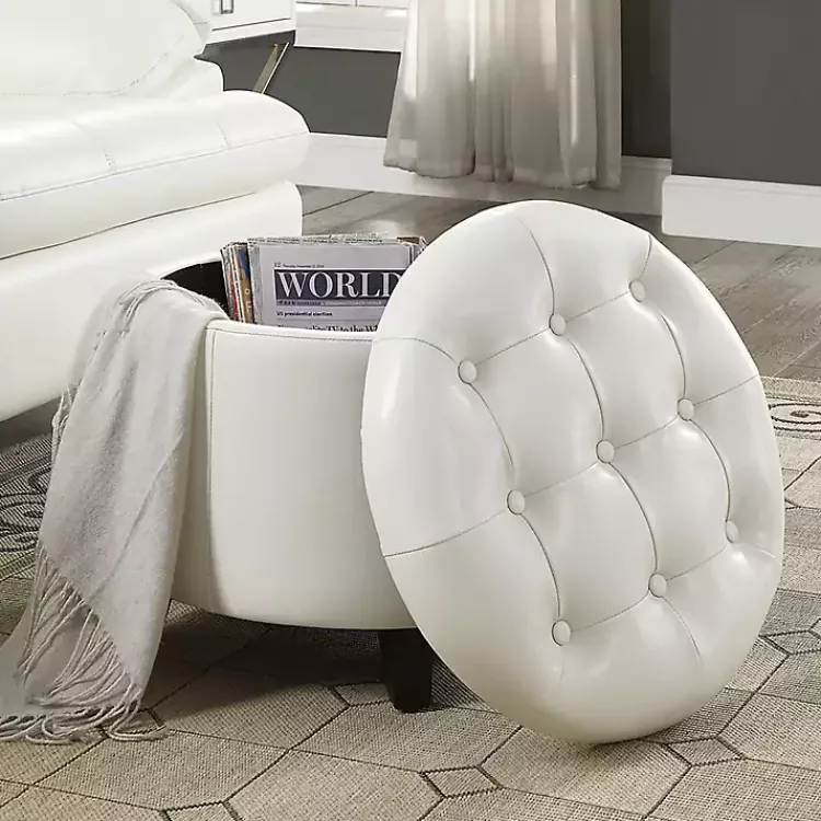 Kirklands Home Benches & Ottomans|Faux Leather Eliza Round Storage Ottoman White