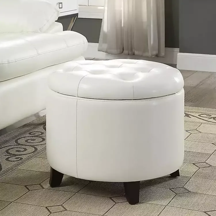 Kirklands Home Benches & Ottomans|Faux Leather Eliza Round Storage Ottoman White