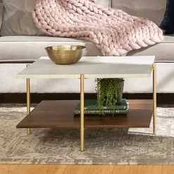 Kirklands Home Coffee Tables|White Faux Marble and Brown Wood Coffee Table