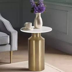 Kirklands Home Accent & End Tables|Marble and Gold Cylinder Accent Table White