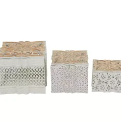 New White Metal and Carved Wood Boxes, Set of 3 Baskets & Boxes