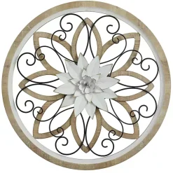 Kirklands Home Wall Plaques|White Metal and Wood Floral Round Wall Plaque