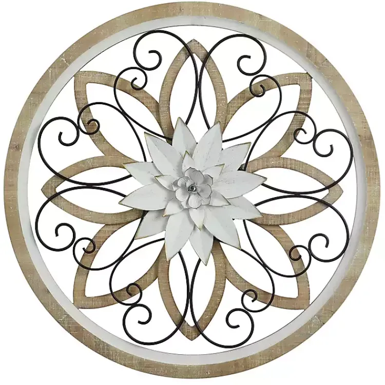 Kirklands Home Wall Plaques|White Metal and Wood Floral Round Wall Plaque