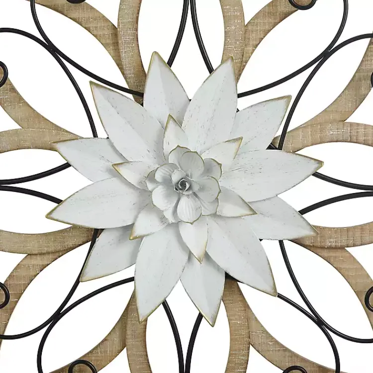 Kirklands Home Wall Plaques|White Metal and Wood Floral Round Wall Plaque