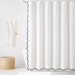 Kirklands Home Shower Curtains|White Navy Scalloped Coastal Shower Curtain