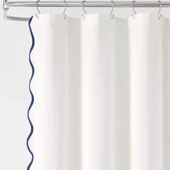 Kirklands Home Shower Curtains|White Navy Scalloped Coastal Shower Curtain