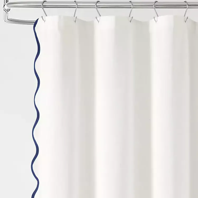 Kirklands Home Shower Curtains|White Navy Scalloped Coastal Shower Curtain