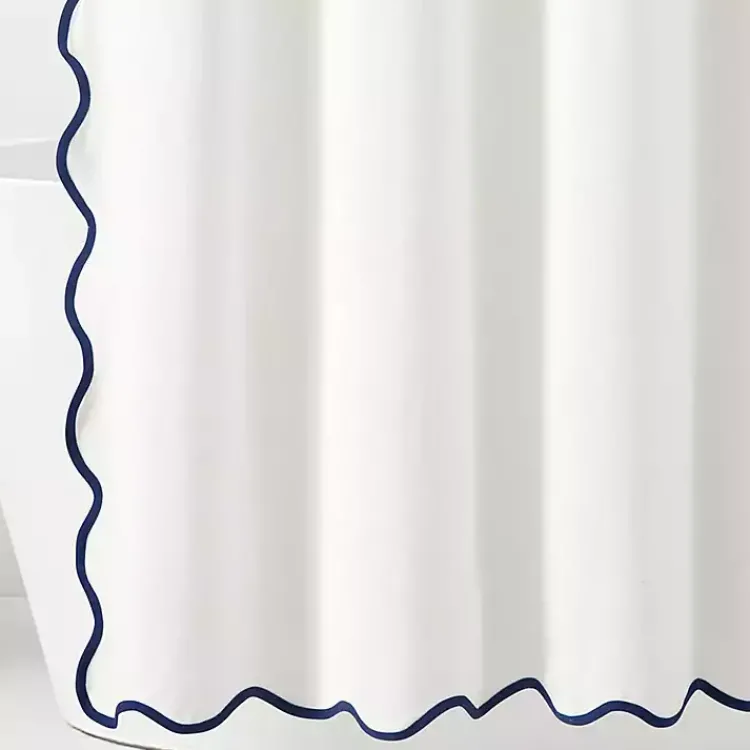 Kirklands Home Shower Curtains|White Navy Scalloped Coastal Shower Curtain