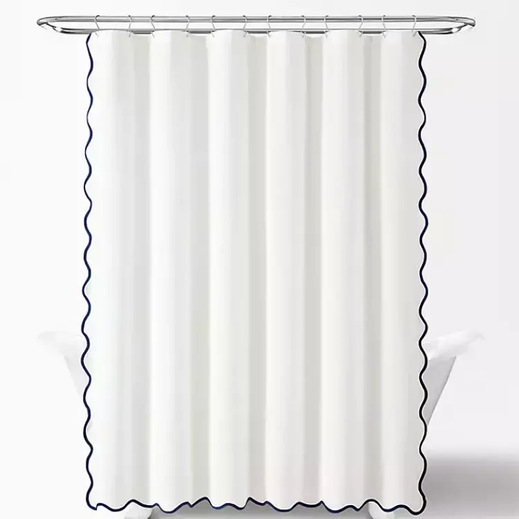 Kirklands Home Shower Curtains|White Navy Scalloped Coastal Shower Curtain