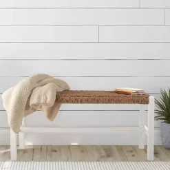 Kirklands Home Entryway Furniture|White Newport Wood and Rattan Bench Brown