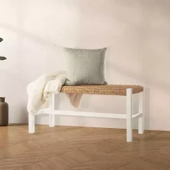 Kirklands Home Entryway Furniture|White Newport Wood and Rattan Bench Brown