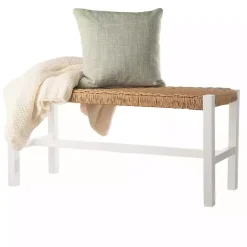 Kirklands Home Entryway Furniture|White Newport Wood and Rattan Bench Brown