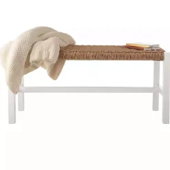 Kirklands Home Entryway Furniture|White Newport Wood and Rattan Bench Brown