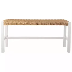 Kirklands Home Entryway Furniture|White Newport Wood and Rattan Bench Brown