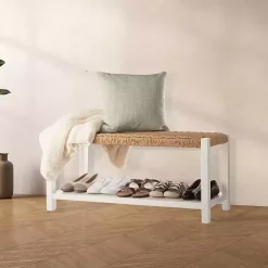 Kirklands Home Benches & Ottomans|White Newport Wood and Rattan Bench with Shelf Brown
