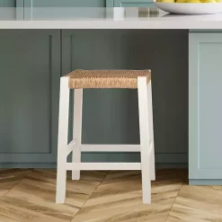 Kirklands Home Bar Stools & Counter Height Stools|White Newport Wood and Rattan Counter Stool Brown