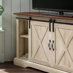 Kirklands Home Tv Stands & Media Consoles|White Oak Sliding Barn Doors Corner TV Stand Ivory