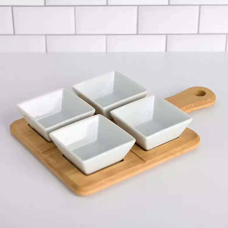 Kirklands Home Serving & Entertaining|White 5-pc. Dip Bowl Set with Bamboo Tray