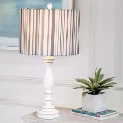 Kirklands Home Table Lamps|White Resin Table Lamp with Blue Stripe Shade