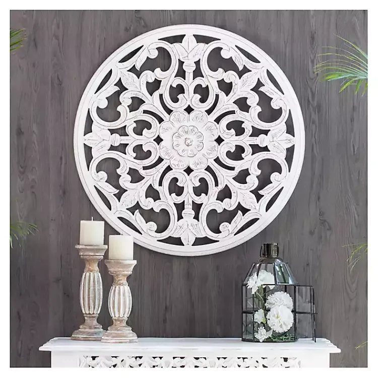Kirklands Home Wall Plaques|Round Medallion Wood Plaque White