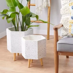 Kirklands Home Planters|Speckled Planters with Wooden Legs, Set of 2 White