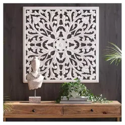 Kirklands Home Wall Plaques|Sqaure Medallion Wood Plaque White