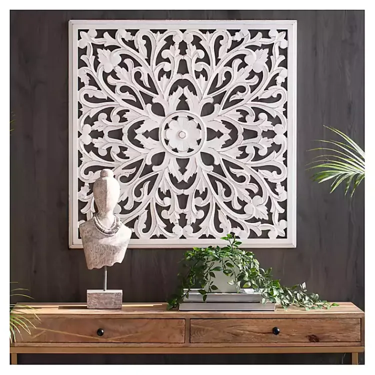 Kirklands Home Wall Plaques|Sqaure Medallion Wood Plaque White