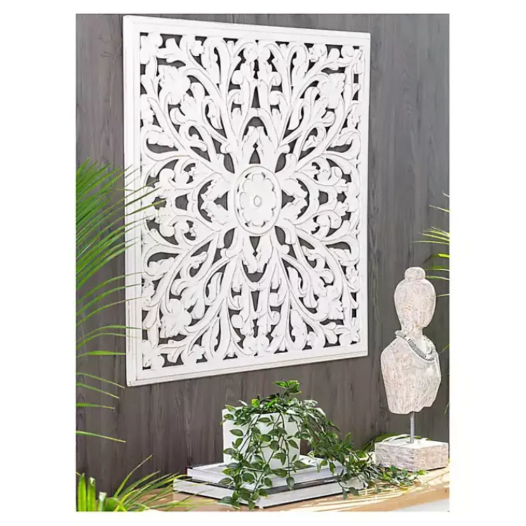 Kirklands Home Wall Plaques|Sqaure Medallion Wood Plaque White