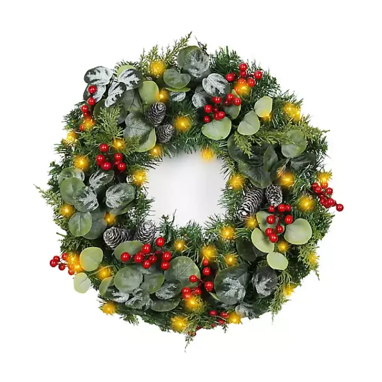 Sale White Tip Pinecone and Eucalyptus Pre-Lit Wreath Wreaths