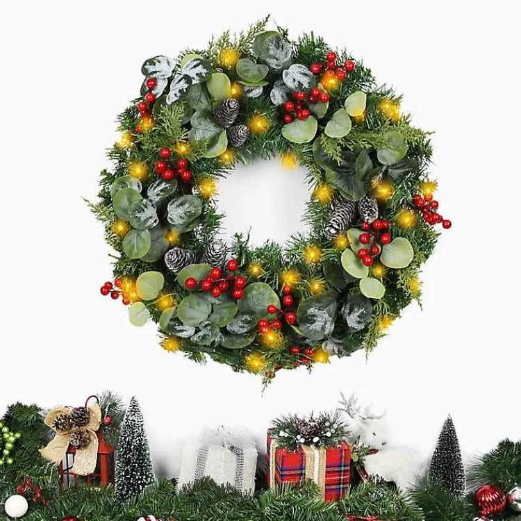 Sale White Tip Pinecone and Eucalyptus Pre-Lit Wreath Wreaths