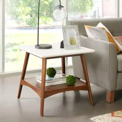 Kirklands Home Accent & End Tables|White Top and Pecan Wood Mid-Century Modern Table Brown