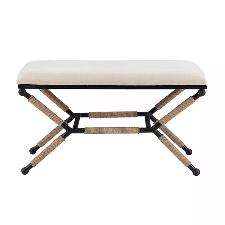 Kirklands Home Dining Chairs|White Upholstered and Wrapped Rope Metal Bench