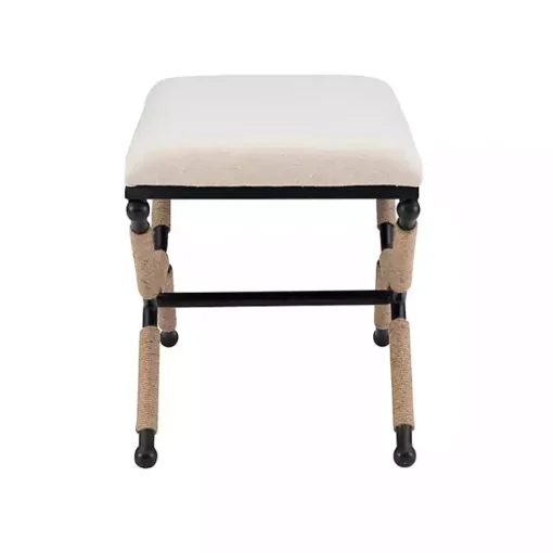 Kirklands Home Dining Chairs|White Upholstered and Wrapped Rope Metal Bench